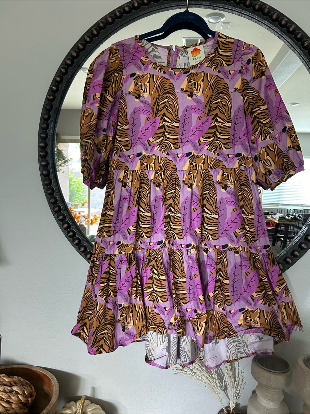 FARM Rio Purple and Tan Tiger Print Tiered Mini Dress